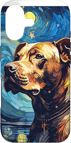 Vista 32 de Funda para iPhone 16 Pitbull Starry Night para perro, mamá, perro, papá