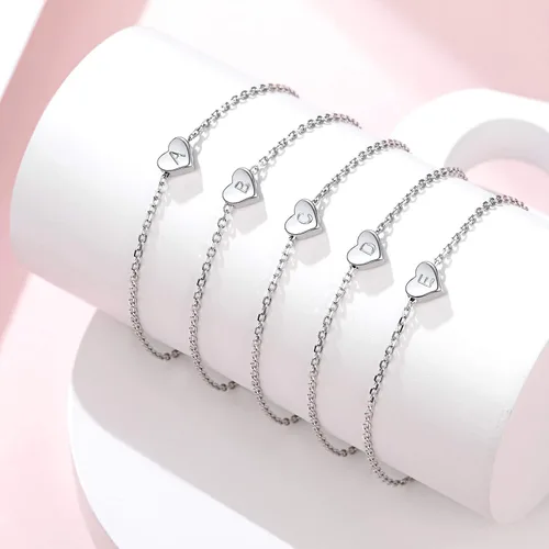 Vista 6 de Sterling Silver Initial Bracelets Heart A-Z Letter Bracelets 18K White Gold Plated Women Hand Link Charm Dainty Bracelet Jewelry Women Teen Couples