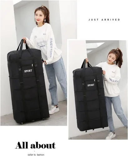 Vista 9 de Bolsa de viaje Oxford expandible extra grande con ruedas, impermeable, ligera, plegable, maleta, Entramado, Equipaje extensible central rígido
