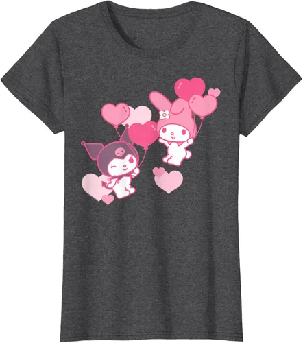 Vista 6 de Camiseta de My Melody y Kuromi con corazones del Día de San Valentín Negro