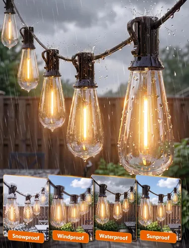 Vista 5 de Oviejo Tira de luces LED para exteriores de 100 pies, impermeable, con 52 bombillas LED ST40, base E17, para cubierta, exterior, patio, casa