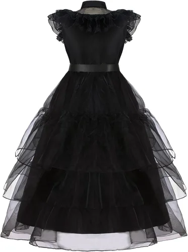 Vista 2 de Akokvlar Vestido de disfraz negro para niñas, peluca, cinturón, aretes, calcetines, traje de vestir