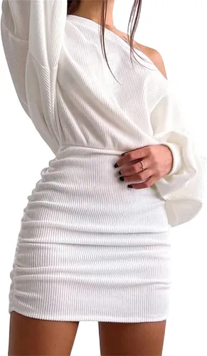 Vista 2 de Luckinbaby Vestido de manga larga de punto para mujer, vestido corto fruncido, con hombros descubiertos, sexy, de punto, mini vestidos ajustados