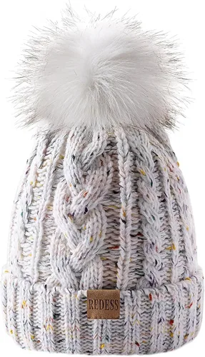 Vista 29 de Redess Gorro de invierno con pompón y forro polar cálido, grueso y holgado, tejido, para la nieve, para esquiar, para mujer Beige