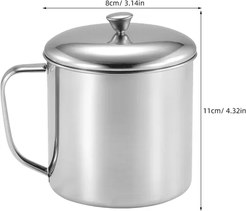 Vista 8 de Amosfun Taza de agua de acero inoxidable con tapa y asa de 4.33 x 3.14 pulgadas, taza de leche de metal para café, té, hogar, oficina, viajes