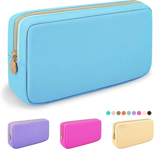 Vista 43 de Iqimott Bolsa Grande de Maquillaje de Nylon, Neceser de Viaje, Bolsa Grande de Cosméticos Preppy, Organizador de Maquillaje de Nylon, Bolsa de Beige
