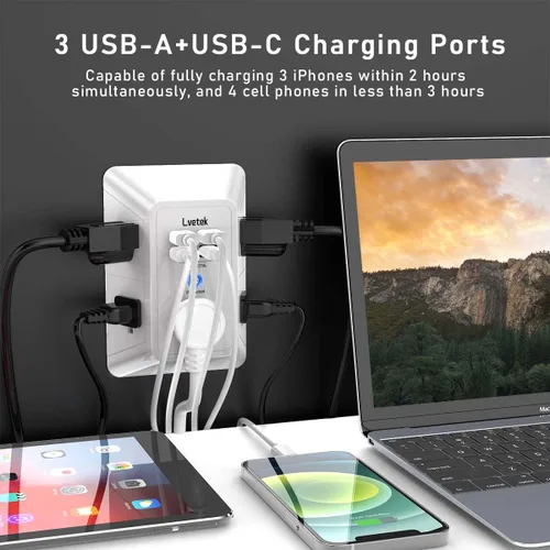 Vista 23 de Extensor de tomacorriente, protector de sobretensiones con 5 enchufes múltiples y 4 puertos USB (2 USB C), cargador de pared de regleta