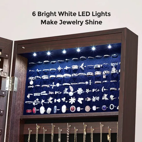 Vista 5 de SONGMICS - Armario de joyería con espejo y con 6 luces LED, organizador de joyería de pie con espejo y con cerradura, 2 cajones, color marrón UJJC94K