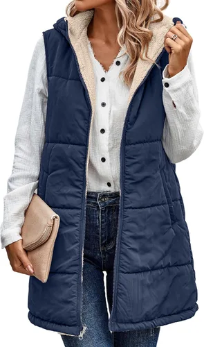Vista 19 de ECOWISH Chaleco largo acolchado para mujer: chaqueta de forro polar reversible con cremallera para otoño 2025, abrigo de invierno cálido sin mangas
