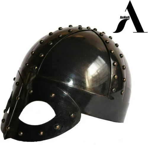 Vista 5 de AnNafi Casco de máscara vikingo medieval antiguo chapado en negro Yelmo de soldado de alta calidad para adultos con forro y correa Disfraces