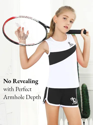 Vista 3 de Girls Shorts Sets Kids Summer 2 Piece Outfits Clothes Tennis Running Tank Top Shirts Dolphin Shorts