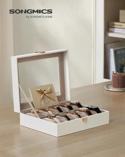Vista 2 de SONGMICS Caja de reloj, regalos de Navidad, caja de reloj de 10 ranuras con tapa de vidrio grande, almohadas de reloj extraíbles, organizador