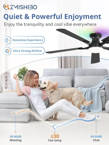 Vista 4 de ZMISHIBO Ventilador de techo inteligente de 52 pulgadas con luz RGB, Alexa/App/Control remoto Negro