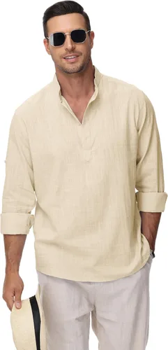 Vista 3 de Camisas de Algodón y Lino para Hombres Ligeras Casuales de Manga Larga Henley Playa Hawaianas Tops