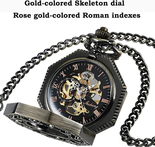 Vista 3 de CHPW02 - Reloj de bolsillo para hombre, reloj de bolsillo mecánico de ferrocarril vintage con cadena, números de bronce, octágono, steampunk