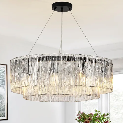 Vista 19 de CATINER Candelabro de cristal de 20 pulgadas, moderno, 6 luces, lámparas de tambor dorado, iluminación colgante de techo de lujo para entrada
