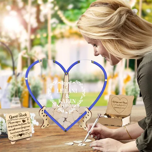 Vista 4 de Libro alternativo de corazón personalizado para libro de invitados con 30 a 100 corazones de madera, caja de madera personalizada para decoración