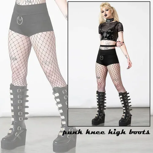Vista 2 de AOSPHIRAYLIAN Botas góticas hasta la rodilla para mujer, tacón alto, para motocicleta, punk, combate, plataforma