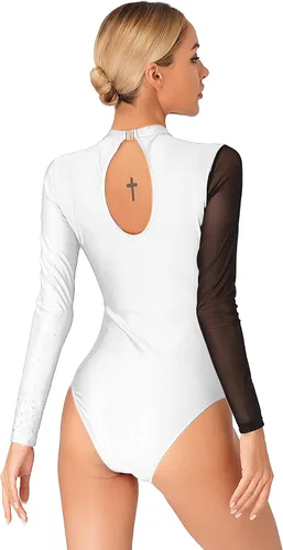 Vista 57 de iiniim Leotardo de malla para mujer, con diamantes de imitación, de malla, de manga larga, leotardos de gimnasia