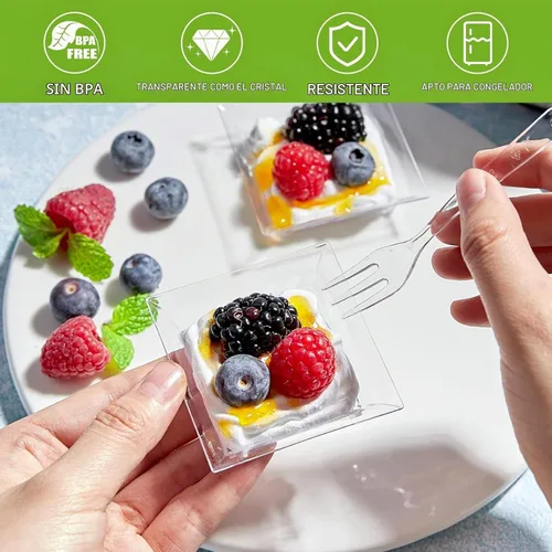 Vista 4 de Zezzxu 100 paquete de mini platos de postre con tenedores de degustación, 2.5 pulgadas pequeños platos cuadrados reutilizables de plástico