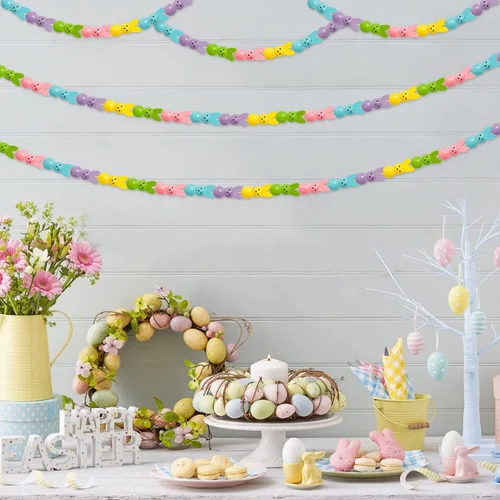 Vista 6 de Eartim Cuentas de madera de conejo de Pascua para manualidades, 121 cuentas redondas de conejo colorido con cordel rústico de granja, kit