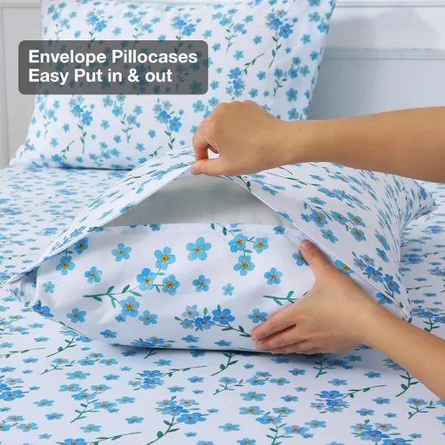 Vista 5 de Viviland Juego de sábanas tamaño individual con estampado de flores azules frescas de 3 piezas, sábanas de microfibra suave y transpirable