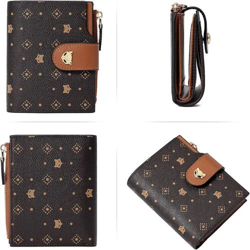 Vista 6 de FOXLOVER Cartera pequeña para mujer, con bloqueo RFID, de piel, plegable, con cremallera, bolsillo con cremallera, tarjetero con ventana