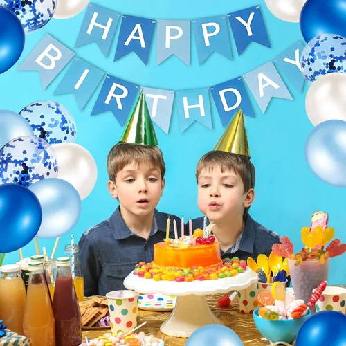 Vista 7 de Cartel de feliz cumpleaños, banderines, globos de fiesta azul bebé, confeti, globos de látex, pancartas de fiesta para niños y niñas, decoraciones