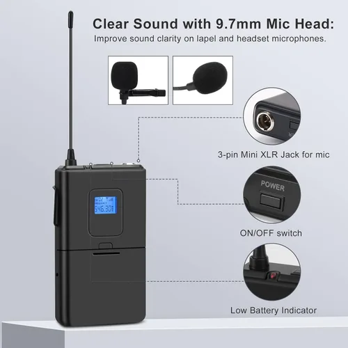 Vista 7 de innopow Sistema de micrófono inalámbrico de 4 canales, micrófono inalámbrico de metal UHF cuádruple, 2 micrófonos de mano, 2 micrófonos de bolsillo