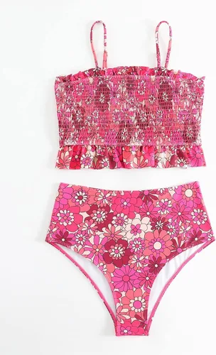 Vista 3 de WDIRARA Conjunto de 2 piezas para mujer, tankini con estampado floral, dobladillo fruncido con volantes, conjunto de bikini