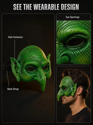 Vista 5 de MCJC Máscara de duende, máscara de bruja verde de Halloween, accesorio de disfraz aterrador