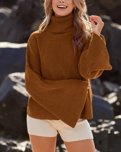 Vista 5 de BTFBM Suéteres de cuello alto para mujer, 2023, otoño, invierno, acampanados, de manga larga, holgados, de punto acanalado, de gran