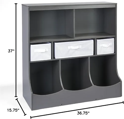 Vista 9 de Badger Basket Combo Bin Unidad de almacenamiento de juguetes y estante para libros para niños con 3 cestas - Gris oscuro