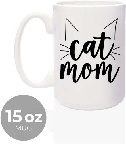 Vista 2 de Canopy Street Taza de cerámica blanca de 15 onzas con temática de gato para mamá, adorable diseño de orejas de bigote de gato, taza de café