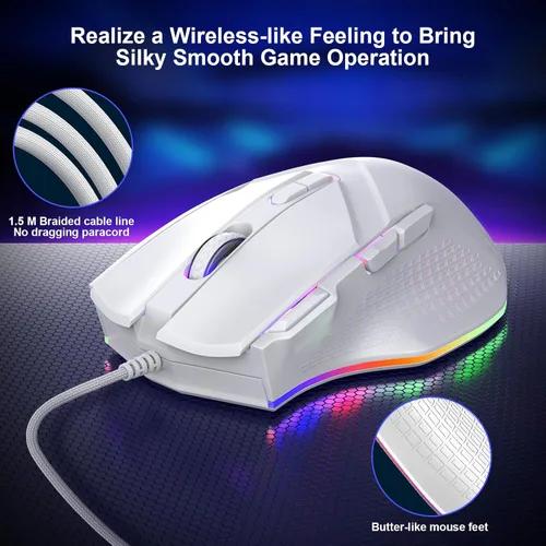 Vista 6 de LEWENTECH Ratón gaming 6 niveles de DPI ajustables hasta 7200 ratón gaming para PC con cable 8 botones programables 13 modos LED RGB ajustables 1.5