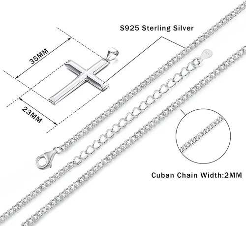 Vista 2 de MILACOLATO Collar con colgante de cruz de plata esterlina 925 maciza para hombres y mujeres, cadena de eslabones cubanos de plata de ley de 0.079 in