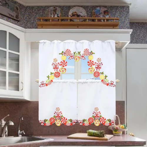 Vista 6 de Juego de cortinas bordadas de bastón de caramelo para ventana de cocina con cenefa y niveles para las fiestas navideñas (Bastón de caramelo)