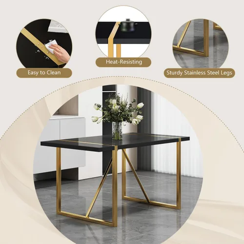 Vista 5 de Juego de mesa de comedor moderna de 55 pulgadas para 4, mesa de comedor negra y marco de metal dorado, mesa de comedor rectangular con 4 sillas