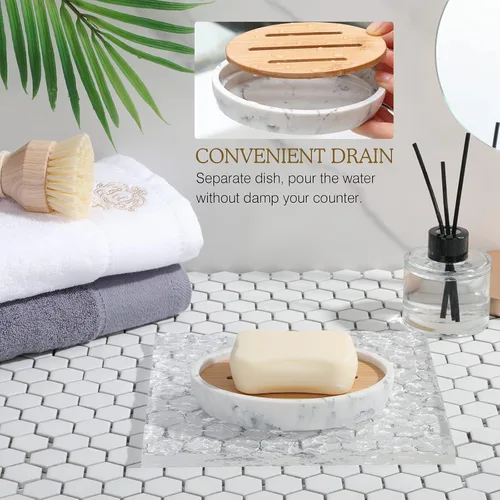 Vista 5 de Luxspire Jabonera de Bambú, Soporte de Jabón de Resina con Drenaje, Jabonera Ovalada de Madera para Ducha, Baño, Lavabo, Cocina y Encimera, Blanco