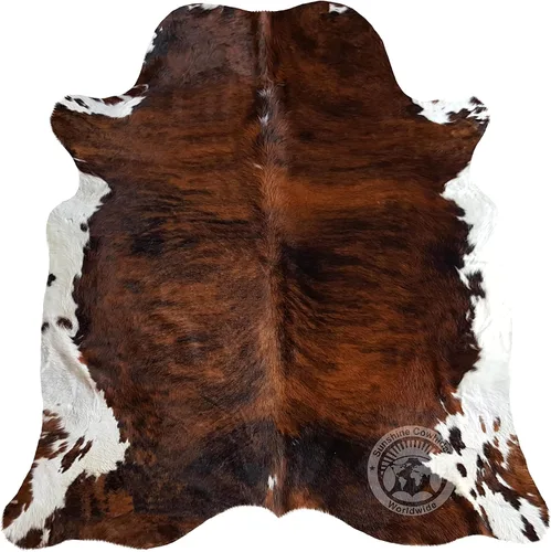 Vista 9 de Sunshine Cowhides Alfombra de piel de vaca tricolor 100% auténtica, alfombra de estilo moderno de piel de animal y alfombra para sala de estar