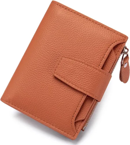 Vista 10 de Cartera de piel plegable con bloqueo RFID para mujer, tarjetero compacto con bolsillo con cremallera para monedas y 4 ventanas de identificación