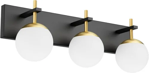 Vista 14 de Ralbay Lámpara de pared de baño negra mate, 2 luces, iluminación moderna de mediados de siglo, luz de tocador de globo de vidrio lechoso negro