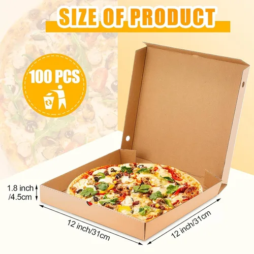 Vista 2 de 100 cajas de pizza de 12 x 12 pulgadas a granel de cartón vacío de 12 pulgadas, caja de pizza cuadrada reutilizable para comida para llevar