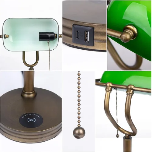 Vista 5 de Lámpara de Banco de Vidrio Verde, Lámpara de Escritorio Retro con Puerto de Carga Inalámbrica USB, Lámpara de Mesa con Cadena Clásica, para Mesita
