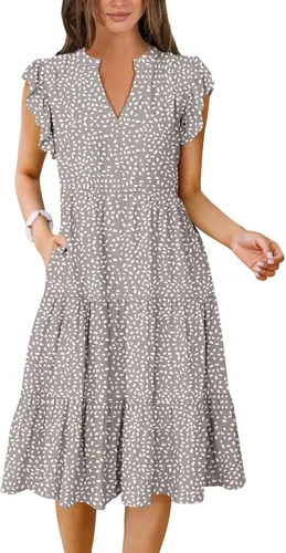 Vista 12 de ANRABESS Vestido de verano para mujer, manga con volantes, cuello en V, vestido midi a la moda, casual, holgado, escalonado, bohemio, playa