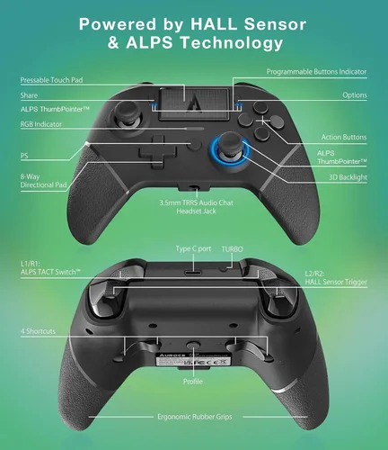 Vista 2 de AUROCE Wireless Controller for PS4 ProSlimPC, PS4 Controller Pro Gamepad with ALPS Joystick Hall Trigger Dual Vibration Mapping Button, Substitute