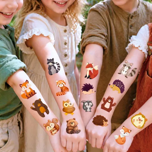 Vista 4 de 96 tatuajes temporales precortados de animales del bosque para niños, bonitos recuerdos de fiesta con temática forestal, perfectos para fiestas