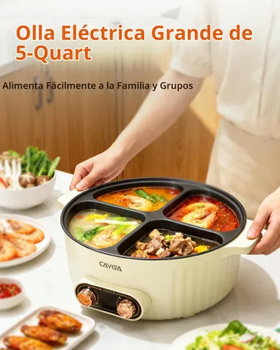 Vista 3 de Olla eléctrica con divisor, olla de 4 compartimentos, olla Shabu Shabu Shabu eléctrica de 2000 W con antiadherente, ollas calientes de 5 cuartos