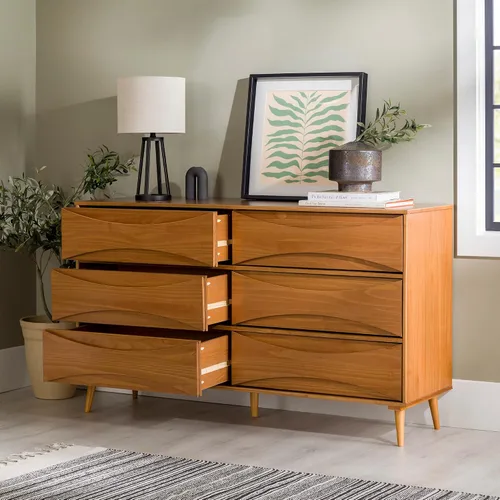 Vista 4 de Walker Edison Atticus Mid-Century - Cómoda moderna de madera maciza con cajones detallados, 59 pulgadas, color caramelo