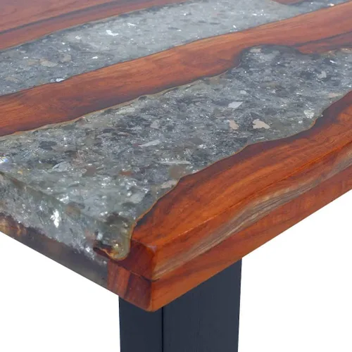 Vista 5 de vidaXL Mesa de centro de madera maciza de teca y mango hecha a mano con decoración de resina transparente, estilo industrial, multicolor, 39.4 x
